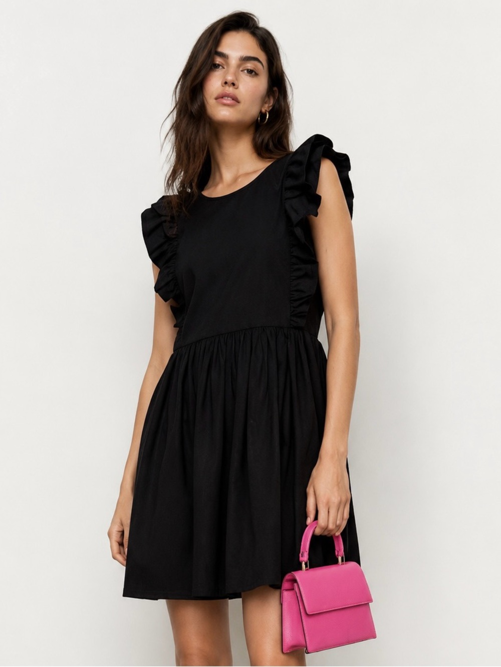 Zara Black Poplin Flutter Sleeve Babydoll Mini Dress Medium